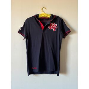 2000s Hooded NYC Polo Cotton Sporty Number Graphic Robin Ruth Navy Red Mens M